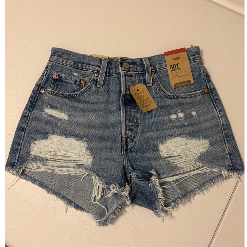 Levis 501 High Rise Distressed Denim Shorts Medium Wash W28 56327-0321 g5